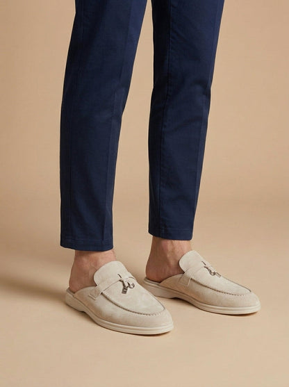Men's Suede Mule Loafers - Open Back - Metal Bar Detail - Flat Rubber Sole 5