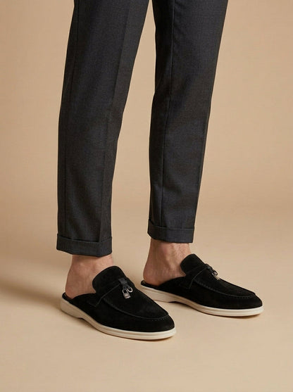 Men's Suede Mule Loafers - Open Back - Metal Bar Detail - Flat Rubber Sole 6