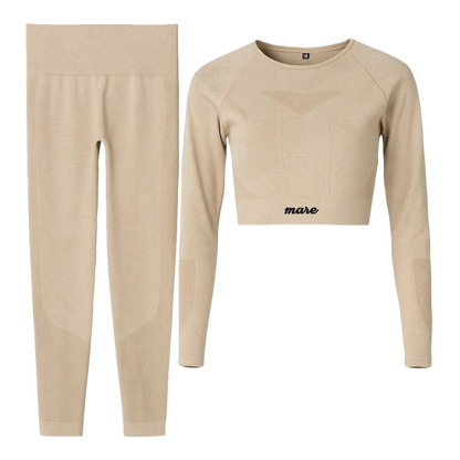 Beige long-sleeve crop top and leggings set with 'mase' branding on a white background
