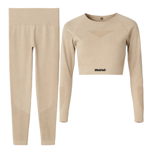 Beige long-sleeve crop top and leggings set with 'mase' branding on a white background