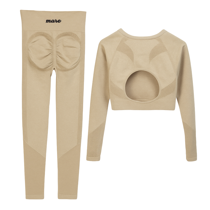 Beige long-sleeve top and leggings set with 'mare' branding on a white background