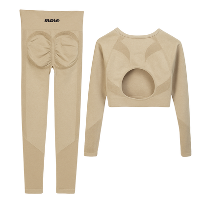 Beige long-sleeve top and leggings set with 'mare' branding on a white background