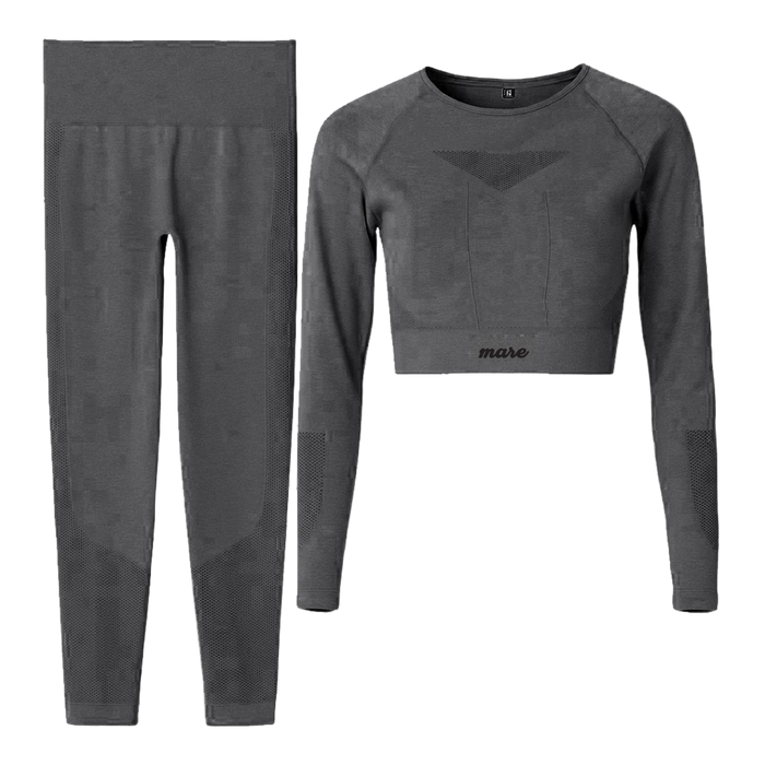 Gray long-sleeve crop top and leggings set with 'maro' branding on a white background