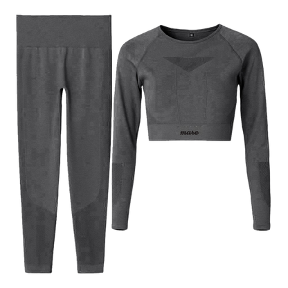 Gray long-sleeve crop top and leggings set with 'maro' branding on a white background