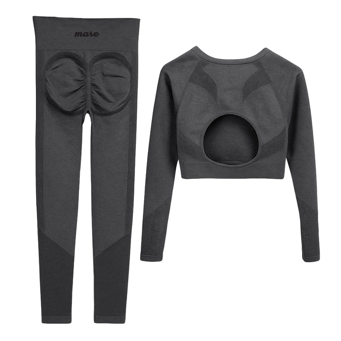Gray wetsuit top and pants with 'mare' branding on a white background