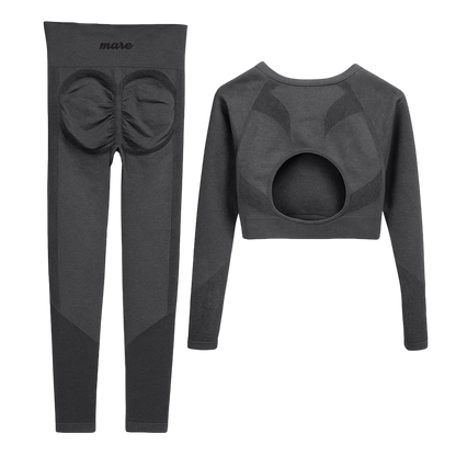 Gray wetsuit top and pants with 'mare' branding on a white background