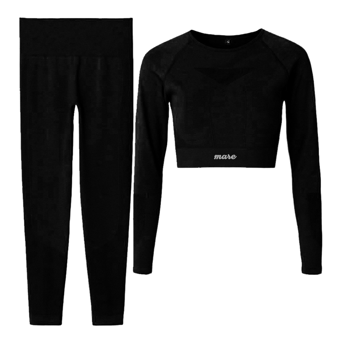 Black long-sleeve crop top and leggings set with 'mase' branding on a white background