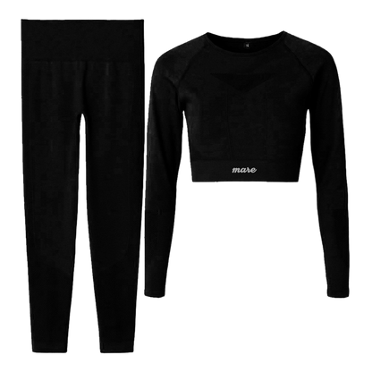 Black long-sleeve crop top and leggings set with 'mase' branding on a white background