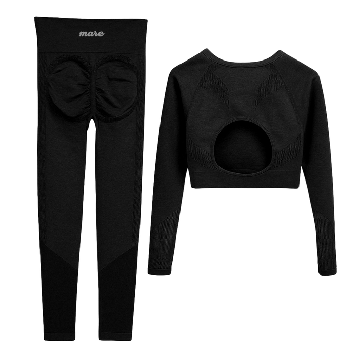 Black long-sleeve top and leggings set with 'mare' branding on a white background