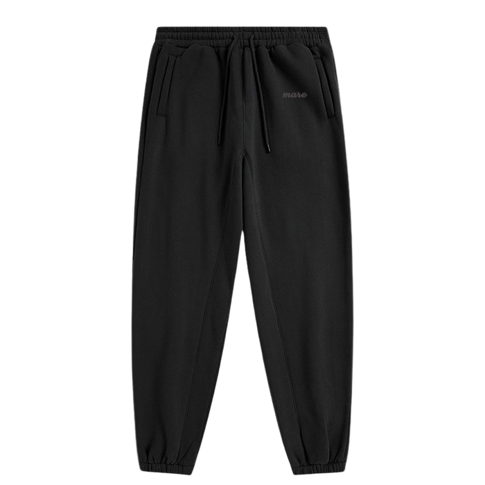 Black pants with a brand logo on a white background