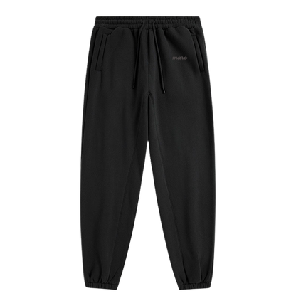 Black pants with a brand logo on a white background