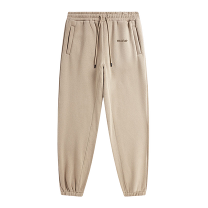 Beige sweatpants with a brand logo on a white background