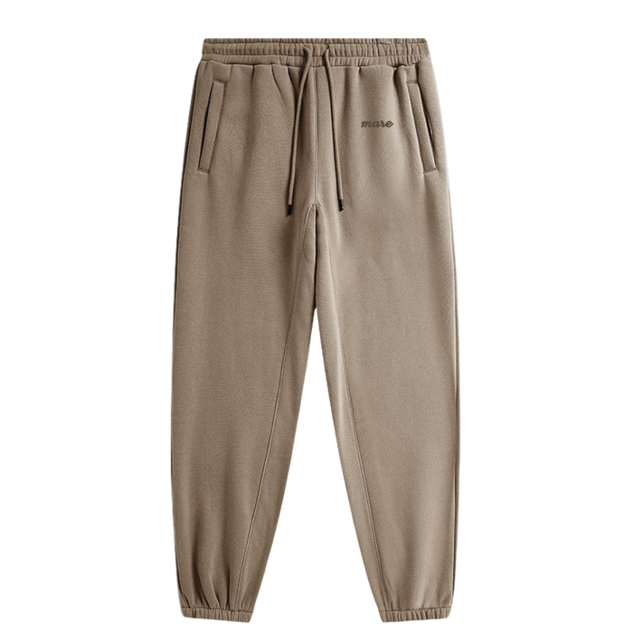Brown sweatpants with a brand logo on a white background