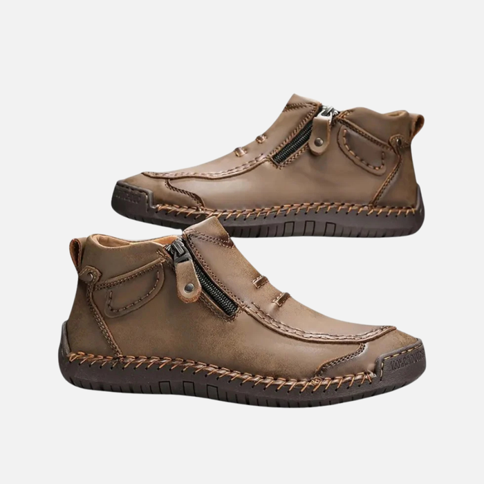 Men's Leather Ankle Shoes - Stitched Casual Zip-Up Boots