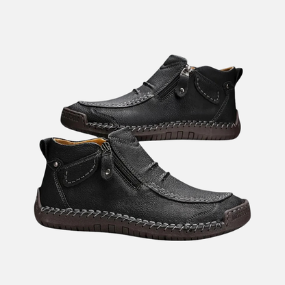 Men's Leather Ankle Shoes - Stitched Casual Zip-Up Boots