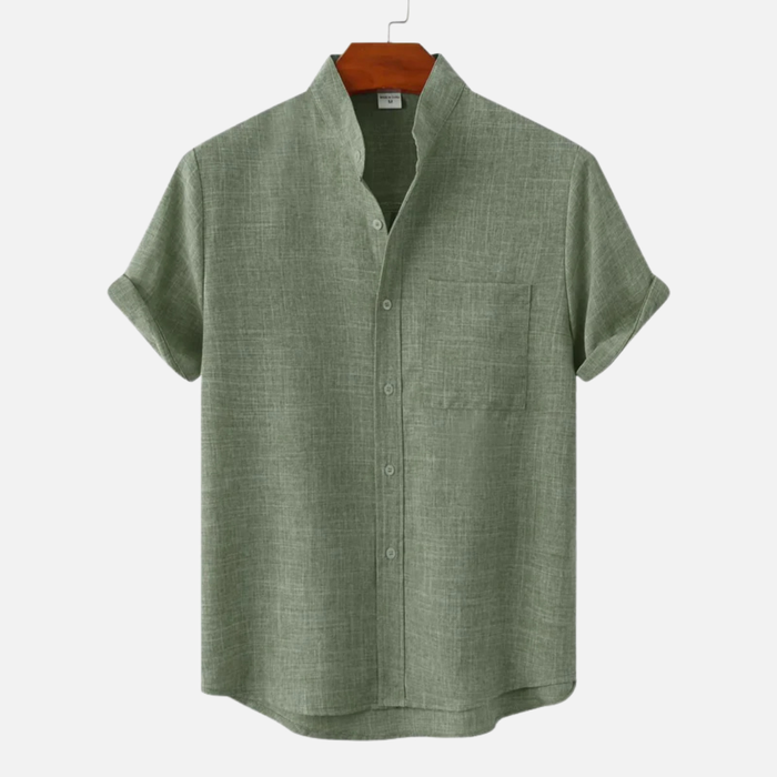Men's Linen Short Sleeve Shirt - Summer Grandad Collar Beach Top