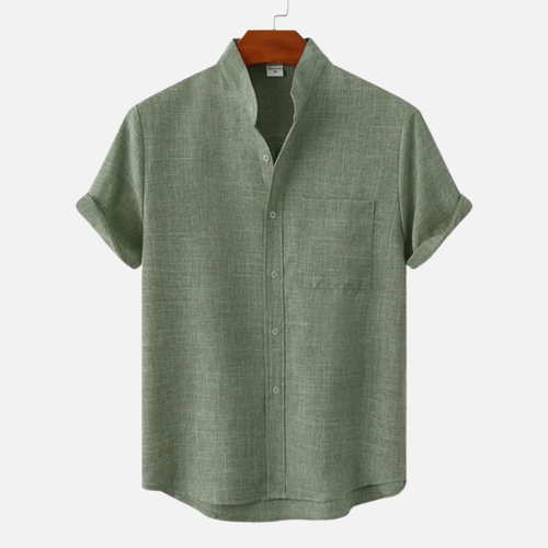Men's Linen Short Sleeve Shirt - Summer Grandad Collar Beach Top