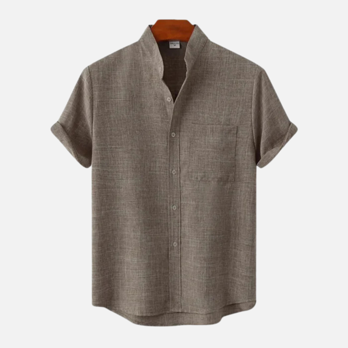 Men's Linen Short Sleeve Shirt - Summer Grandad Collar Beach Top