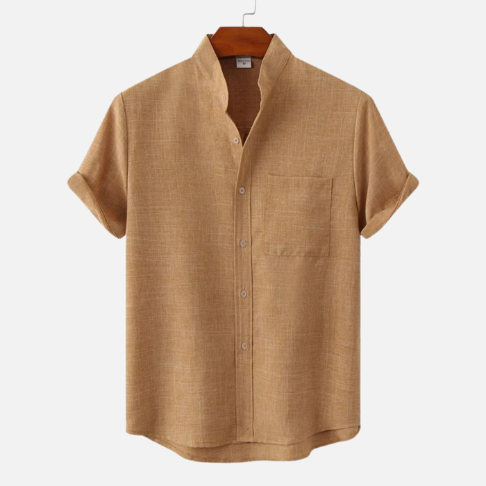 Men's Linen Short Sleeve Shirt - Summer Grandad Collar Beach Top