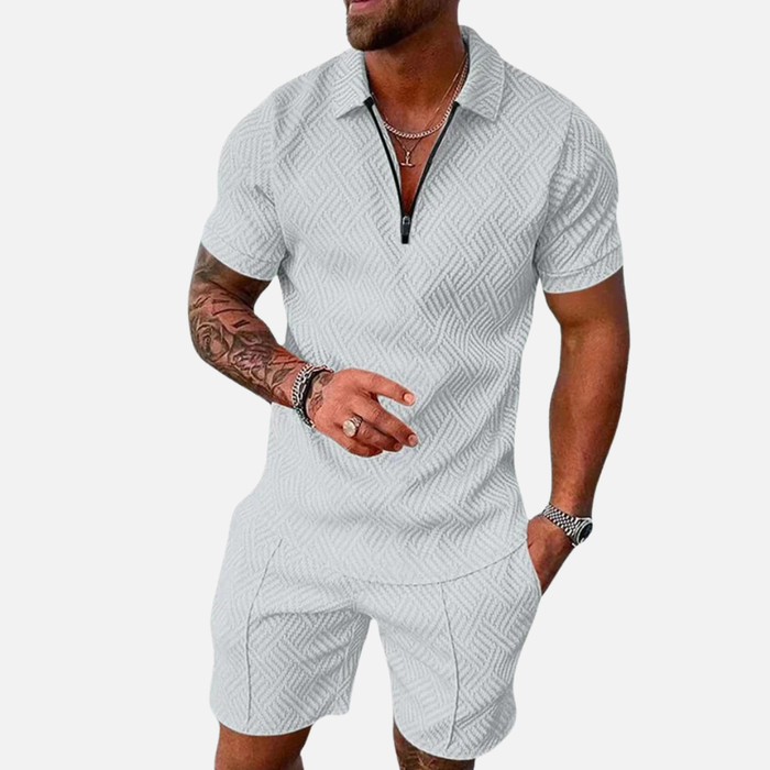 Men's Textured Polo Shorts Set - Summer Zip-Up Knit Co-ord Tracksuit
