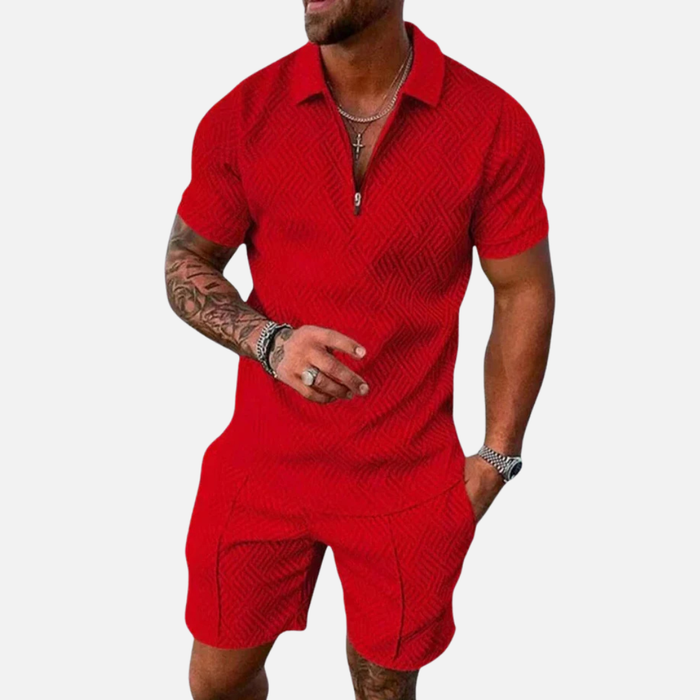 Men's Textured Polo Shorts Set - Summer Zip-Up Knit Co-ord Tracksuit