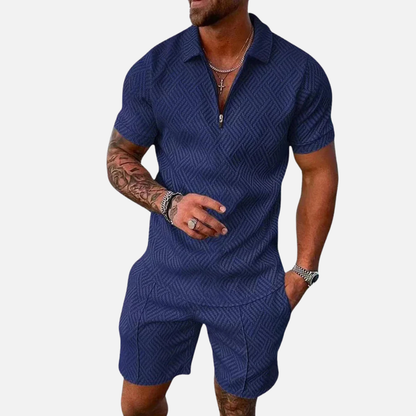 Men's Textured Polo Shorts Set - Summer Zip-Up Knit Co-ord Tracksuit