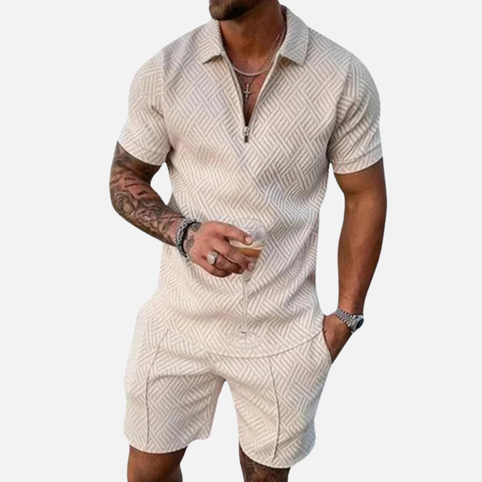 Men's Textured Polo Shorts Set - Summer Zip-Up Knit Co-ord Tracksuit