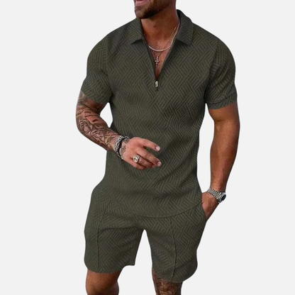 Men's Textured Polo Shorts Set - Summer Zip-Up Knit Co-ord Tracksuit