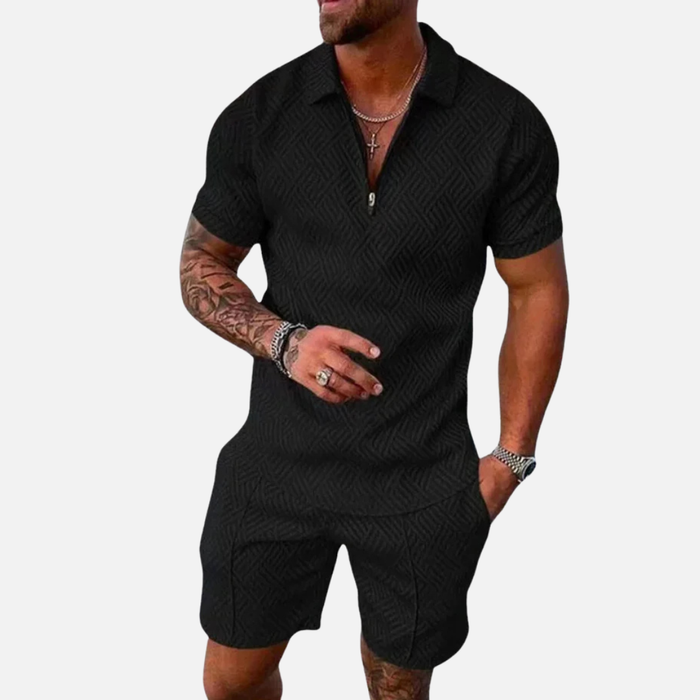 Men's Textured Polo Shorts Set - Summer Zip-Up Knit Co-ord Tracksuit