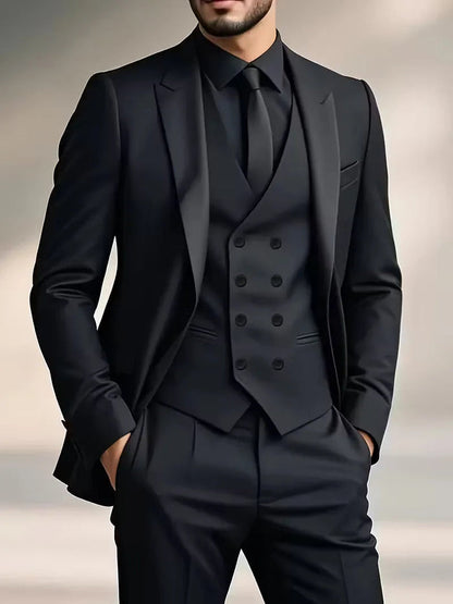 Slim Fit Double-Breasted Three-Piece Suit Set with Waistcoat for Men 0