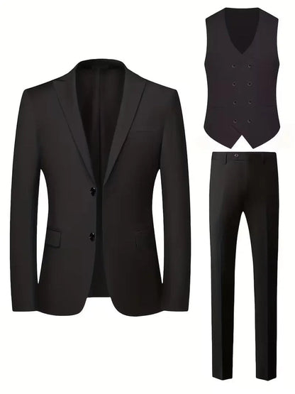 Slim Fit Double-Breasted Three-Piece Suit Set with Waistcoat for Men 2