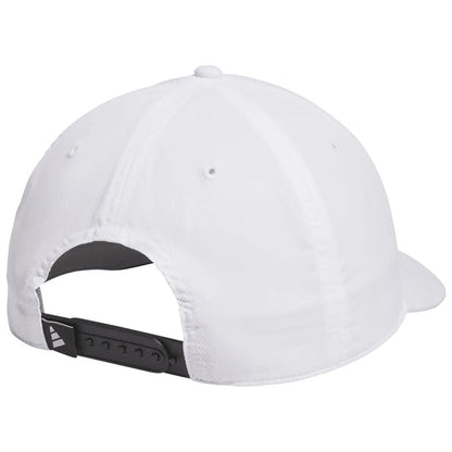 A white baseball cap is positioned with its back facing the viewer showing an adjustable strap and ventilation holes surrounded by a neutral background.