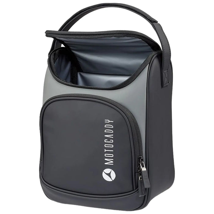 A small insulated golf bag in black and gray sits upright with an open top showing its interior A front zipped pocket features the brand name MOTOCADDY