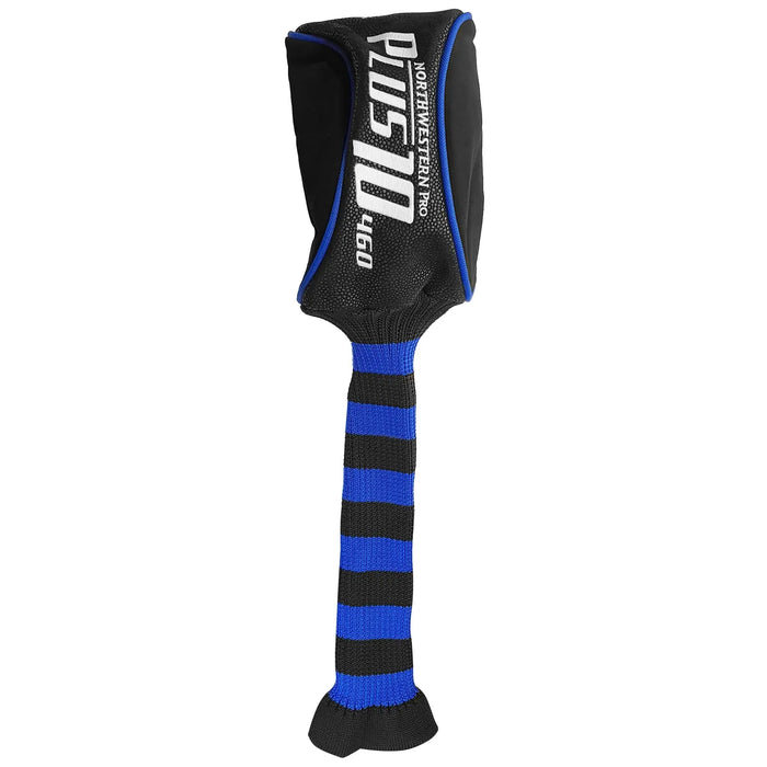 A dog toy is leaning upright on a flat surface with a cushioned, black and blue design. The toy is made of durable material and features a long handle for easy grip.