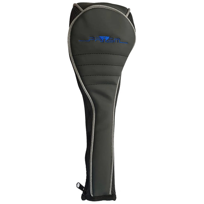 A golf club headcover is designed to protect the club's head featuring a sleek black and dark green exterior with a blue logo and padded design in an upright position.