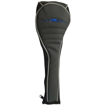 A golf club headcover is designed to protect the club's head featuring a sleek black and dark green exterior with a blue logo and padded design in an upright position.