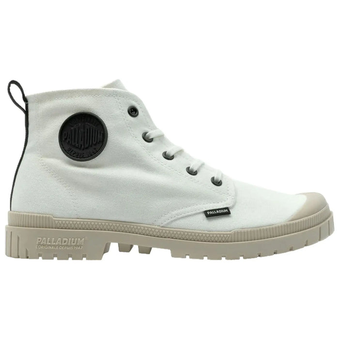 A white high-top sneaker with a rubber cap toe is positioned upright featuring black branding on the side and a textured sole ideal for casual or outdoor wear.