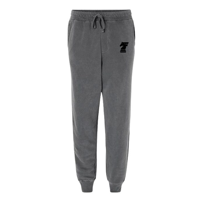 Gray sweatpants with a logo on a white background