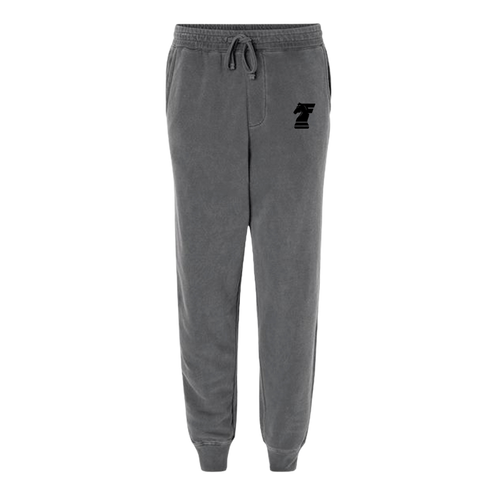 Gray sweatpants with a logo on a white background