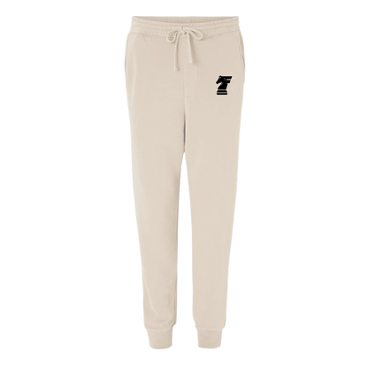 Beige sweatpants with a black logo on a white background