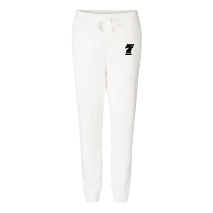 White sweatpants with a black logo on a white background