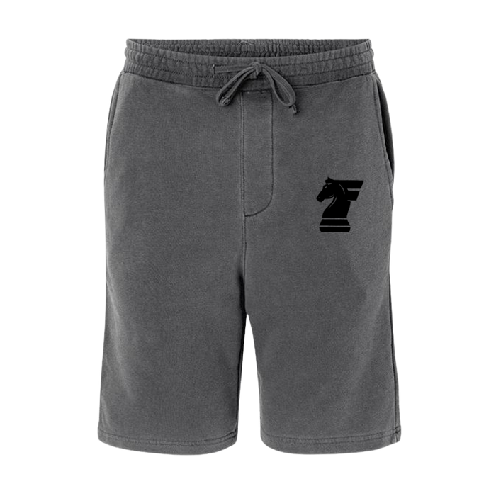 Gray shorts with a black logo on a white background