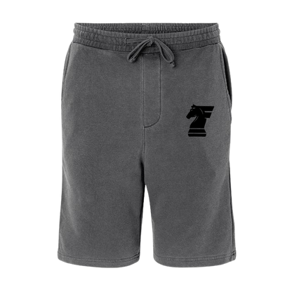 Gray shorts with a black logo on a white background
