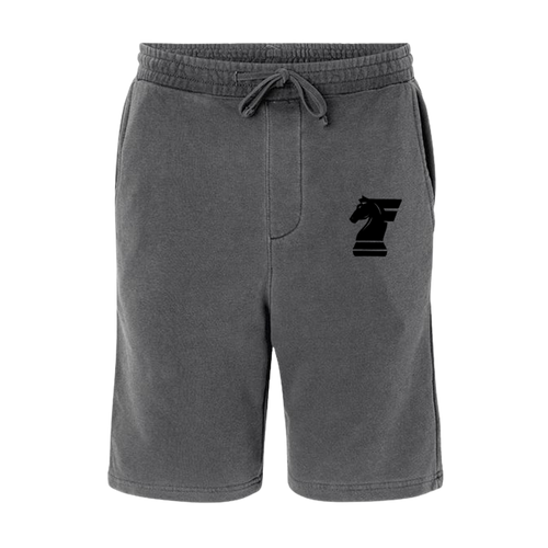 Gray shorts with a black logo on a white background