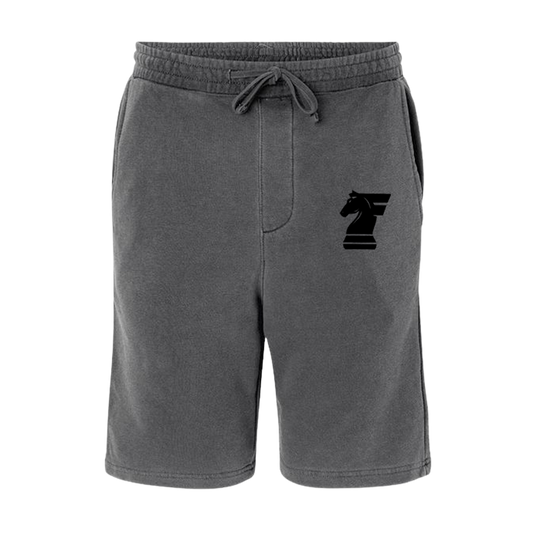 Gray shorts with a black logo on a white background