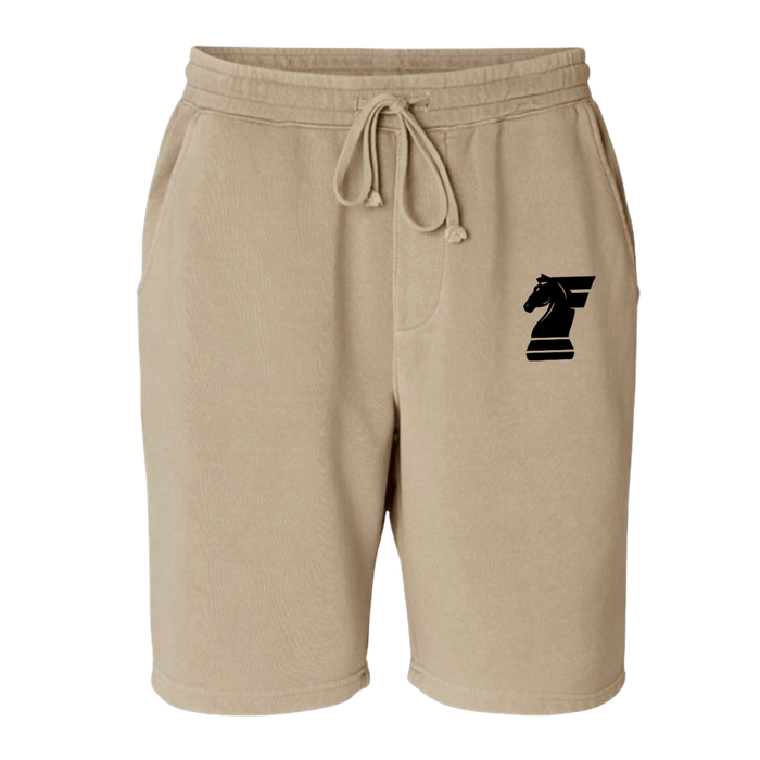 Beige shorts with a black logo on a white background