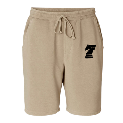Beige shorts with a black logo on a white background