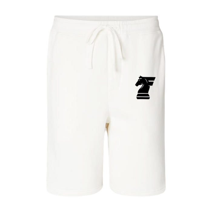 White shorts with a black chess piece logo on a white background