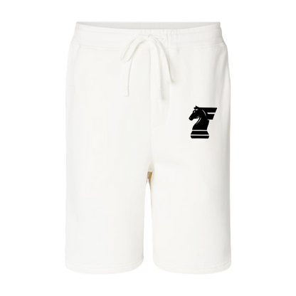 White shorts with a black chess piece logo on a white background