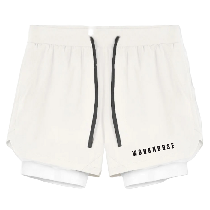 White shorts with black drawstrings and 'Workhorse' branding on a white background